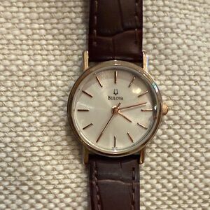 Bulova Women’s Gold-Tone Case Watch with Brown Leather Strap and White Dial